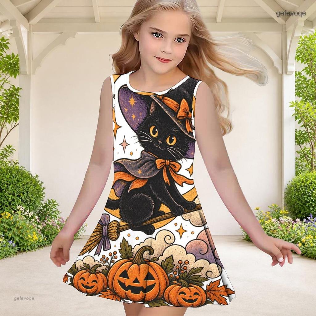 Girls Round Neck Sleeveless A Line Flared Hem Dress Halloween Raccoon Pumpkin Printed