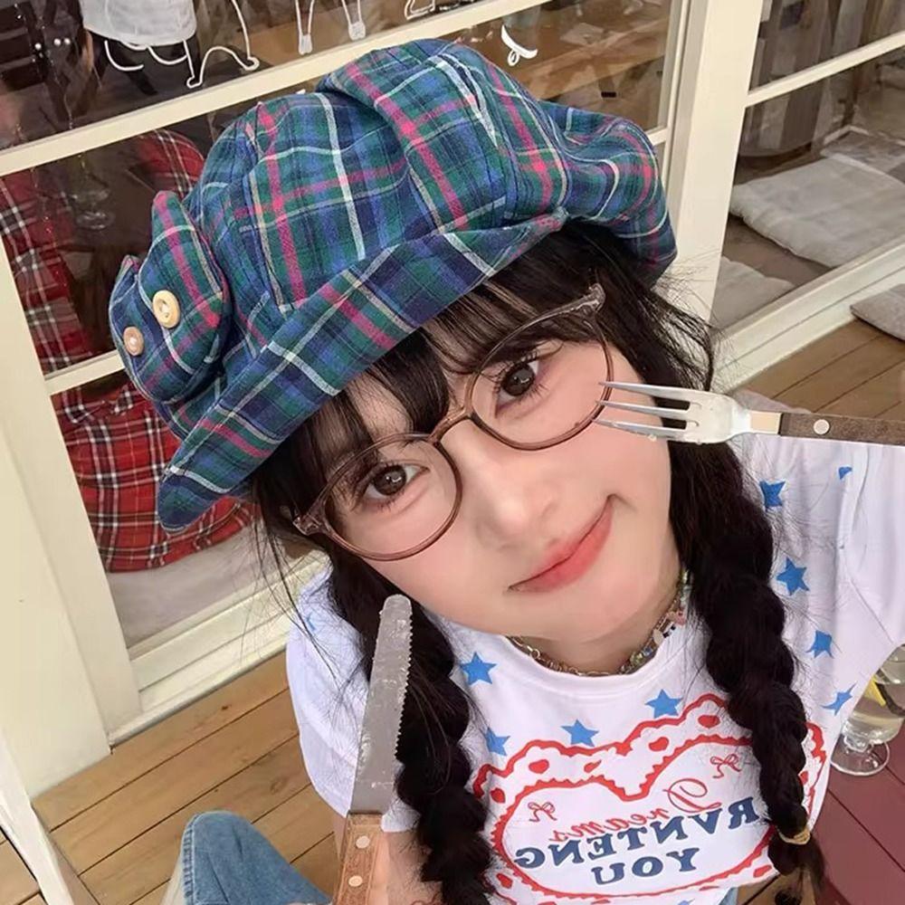 Korean Style Plaid Cloud Berets Sun Protection Octagonal Caps Retro Newsboy Cap  Female