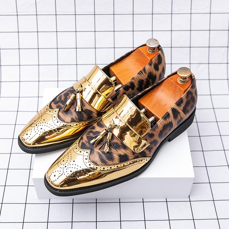 Fashion Designer New Men's Pointed Leopard Patchwork Tassel Brogues Oxford Shoes Male Wedding Dress Homecoming Formal Wedding Footwear
