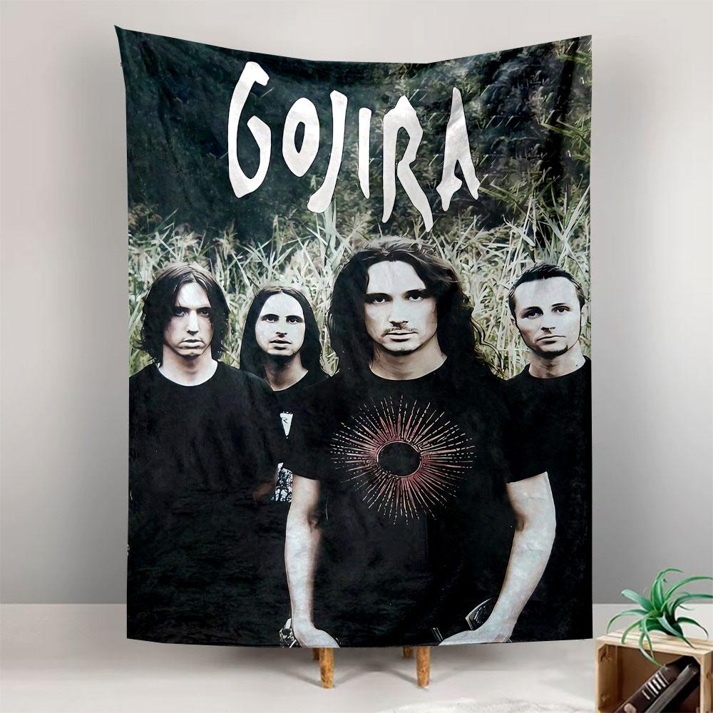 Four men in black shirts standing outdoors with "Gojira" text above. Patterned tapestry for bedroom and living room home decor