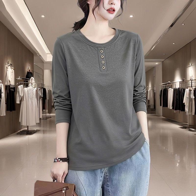 Women’s 2024 Spring/Autumn Long-Sleeve Solid Color Slim-Fit Button Top