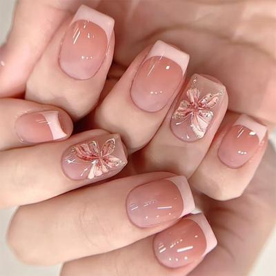 24 Pcs French Tip Press On Nail Short Square False Nail 3D Flowers Acrylic Nail Glossy Full Cover Stick On Nail