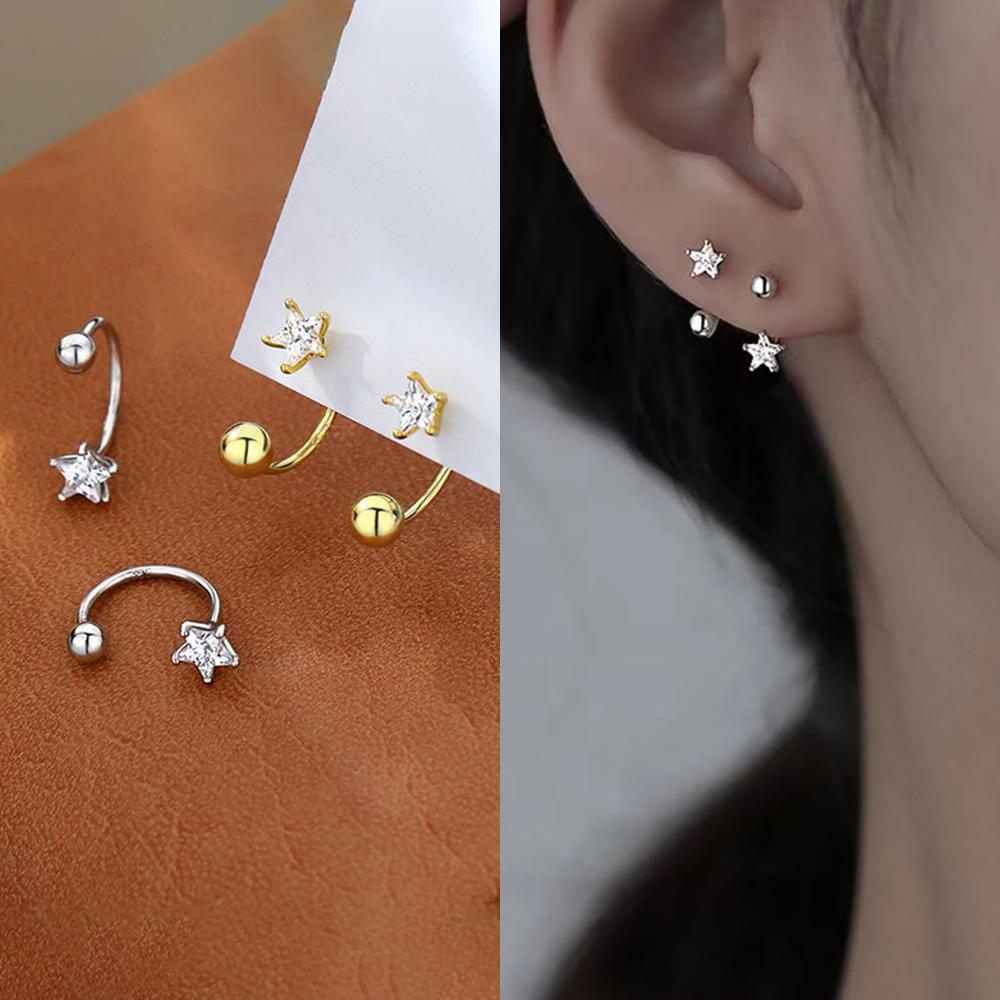 2 ΤΕΜ. Αστέρι από ανοξείδωτο ατσάλι Crystal CZ Ear Studs Σκουλαρίκια Γυναικεία Ασημί Χρώμα Tragus Cartilage Helix Piercing Jewelry