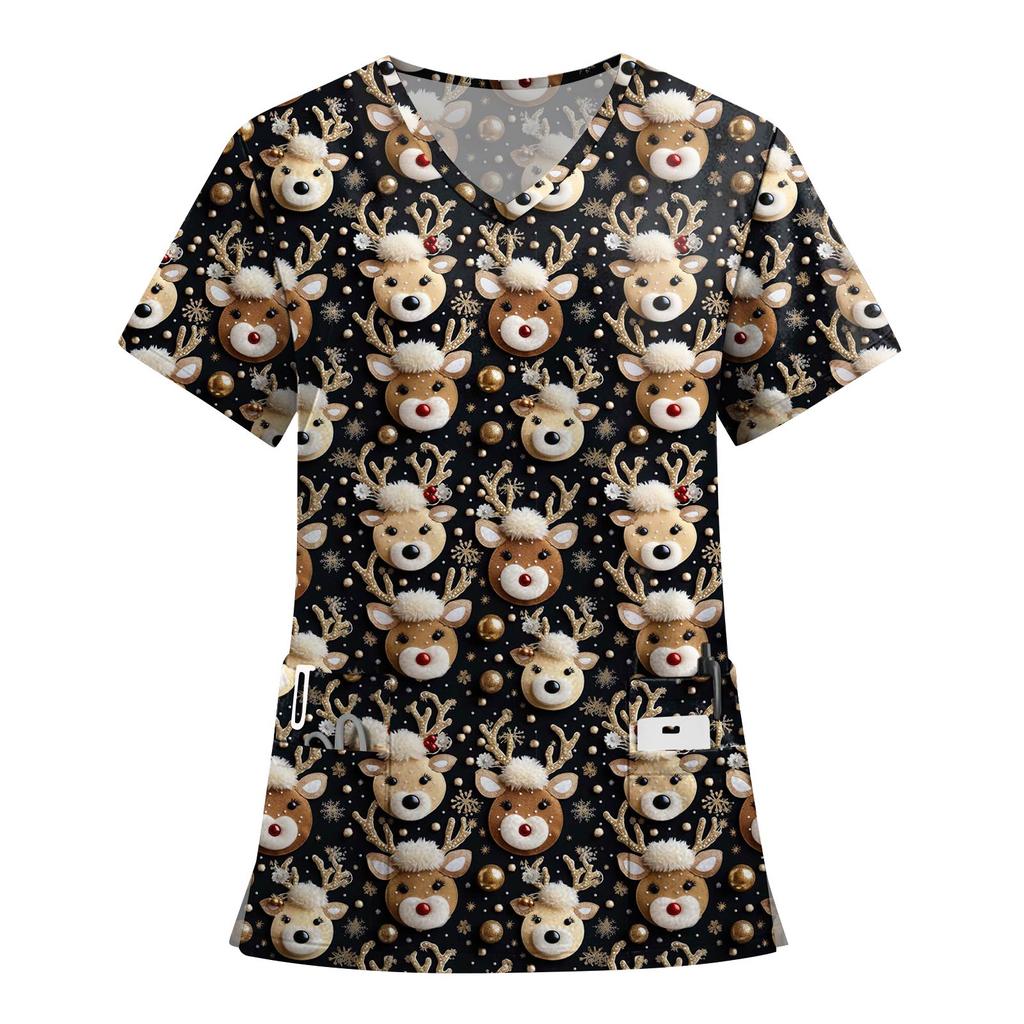 Women's Fashion Printed Short Sleeve V Neck Pattern Tops Pocket Working T-shirts