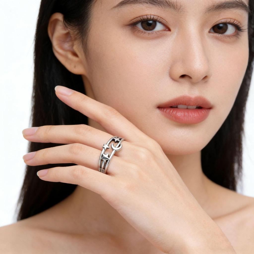 CaiYi S925 Sterling Silver Star & Moon Korean Style Ring for Women – Unique Design, Hollow Star Moon Index Finger Ring