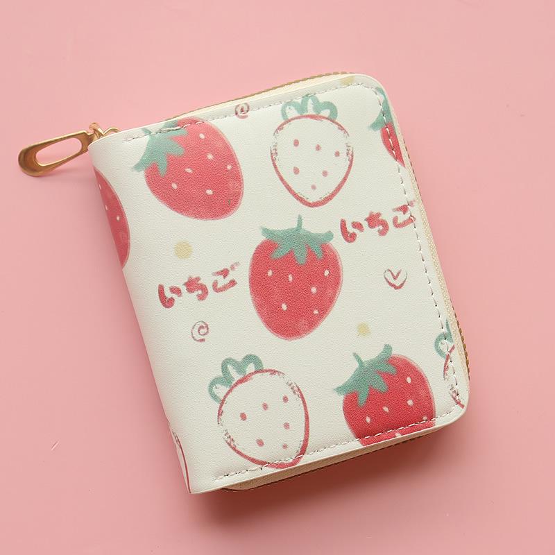 Cartoon Strawberry Print Coin Purse: Cute, Spacious, Short Chain Wallet for Students