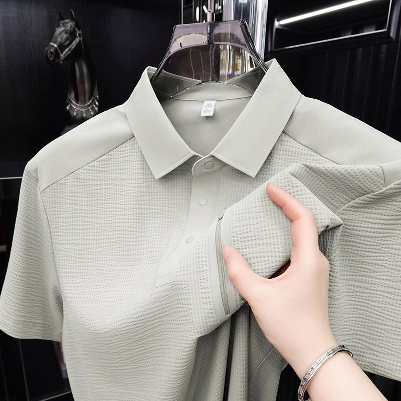 Men s Summer Seamless Short-Sleeve Lapel Polo Shirt - Solid Color Casual Tee XL светло-серый