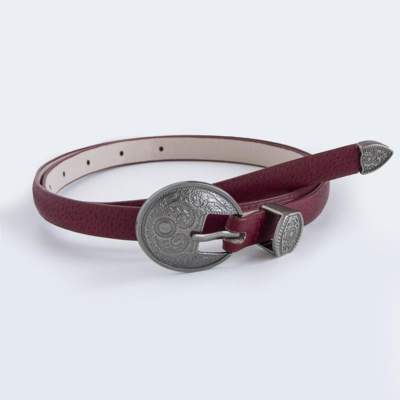 

Vintage Leather Belt For Women With Silver Buckle And Floral Pattern For Casual Wear бордовий