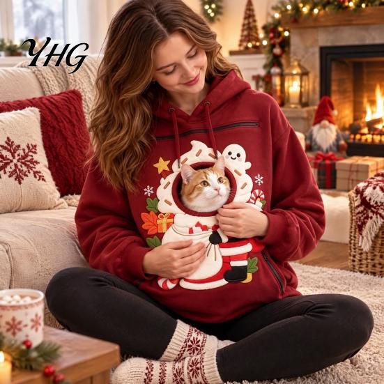Festive Pet Carrier Clothing Unisex Pouch Christmas Hoodie, Cute Dog Cat Hooded Sweatshirt with Animal Carrying Hoodie Graphic, Cozy Fleece