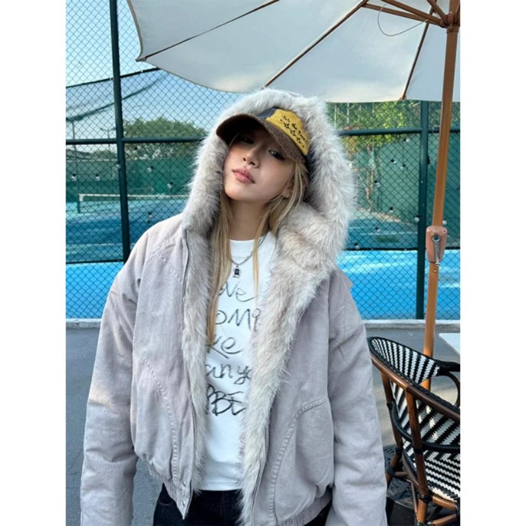 2KWEIRD American Retro Fur Collar Hooded Jacket Women Y2K Streetwear Winter New Velvet Thickened Warm Harajuku Loose Casual Jacket