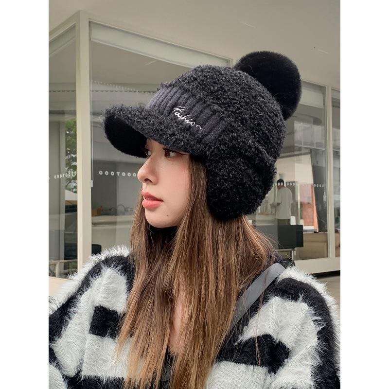 Hat Women's Winter Versatile Fashion Warm Knitted Wool Hat Cycling Windproof Cold-proof Fleece Ear Protector