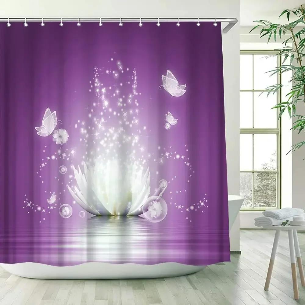 Lotus Shower Curtain BlackWhite Flower Magic Elegant Floral On Black Background Modern Simple Unique Art Women Bathroom Curtain