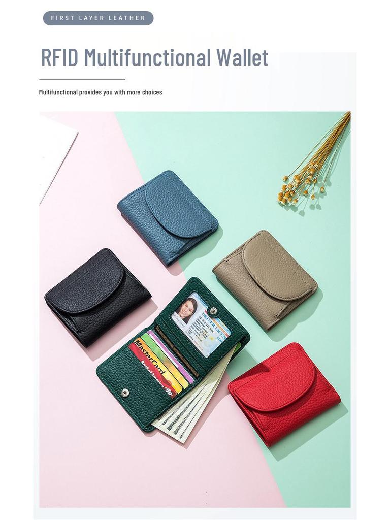 Mini portfel RFID ze skóry naturalnej w stylu japońskim - Ultracienki składany portfelik na monety dla kobiet