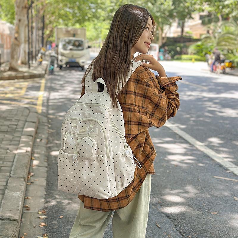 Women's Wave Point Print Backpack Junior High School Student Schoolbag Large Capacity Backpack with Coin Purse