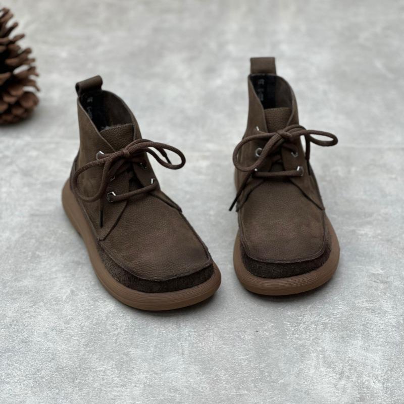 Women's Genuine Leather Ankle Boots Plush Fur Warm Winter Ladies Flat Shoes British Style Lace-Up Round Toe Women Short Boots