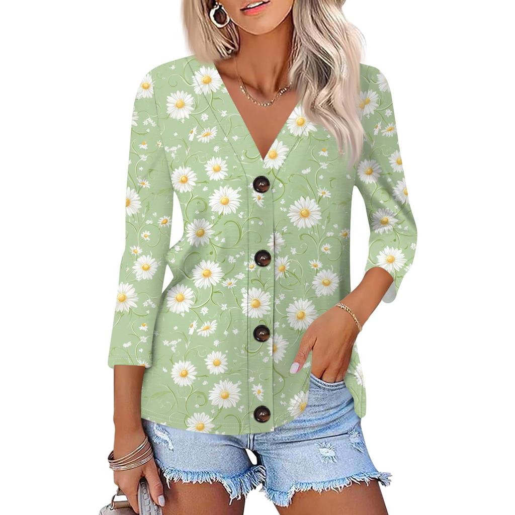 Women's Fashion Casual Print Button-down Shirt 3/4 Long Sleeve Tops