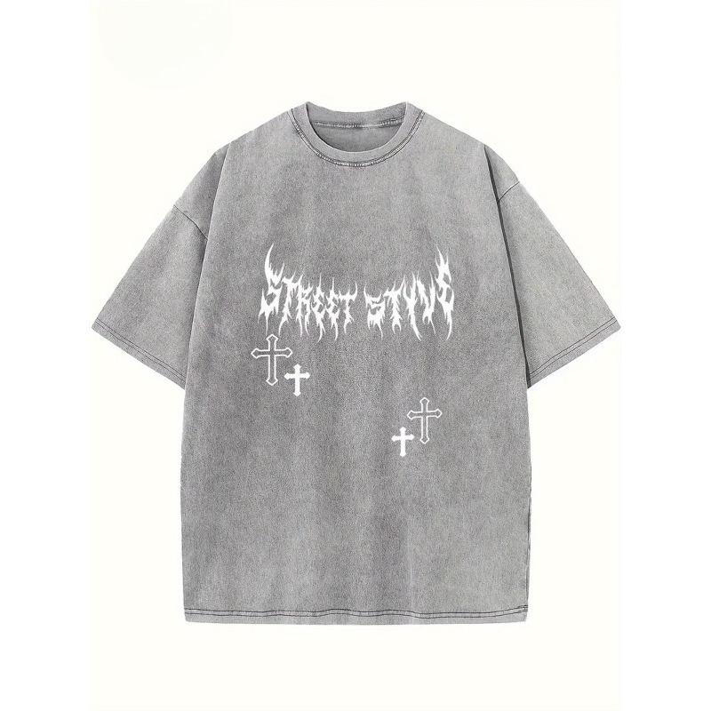 European sizes Men's Washed T-Shirt with Street Stains Graphic & Cross Print - Relaxed Fit All-Season Casual Tee for Streetwear, Outdoor Activities