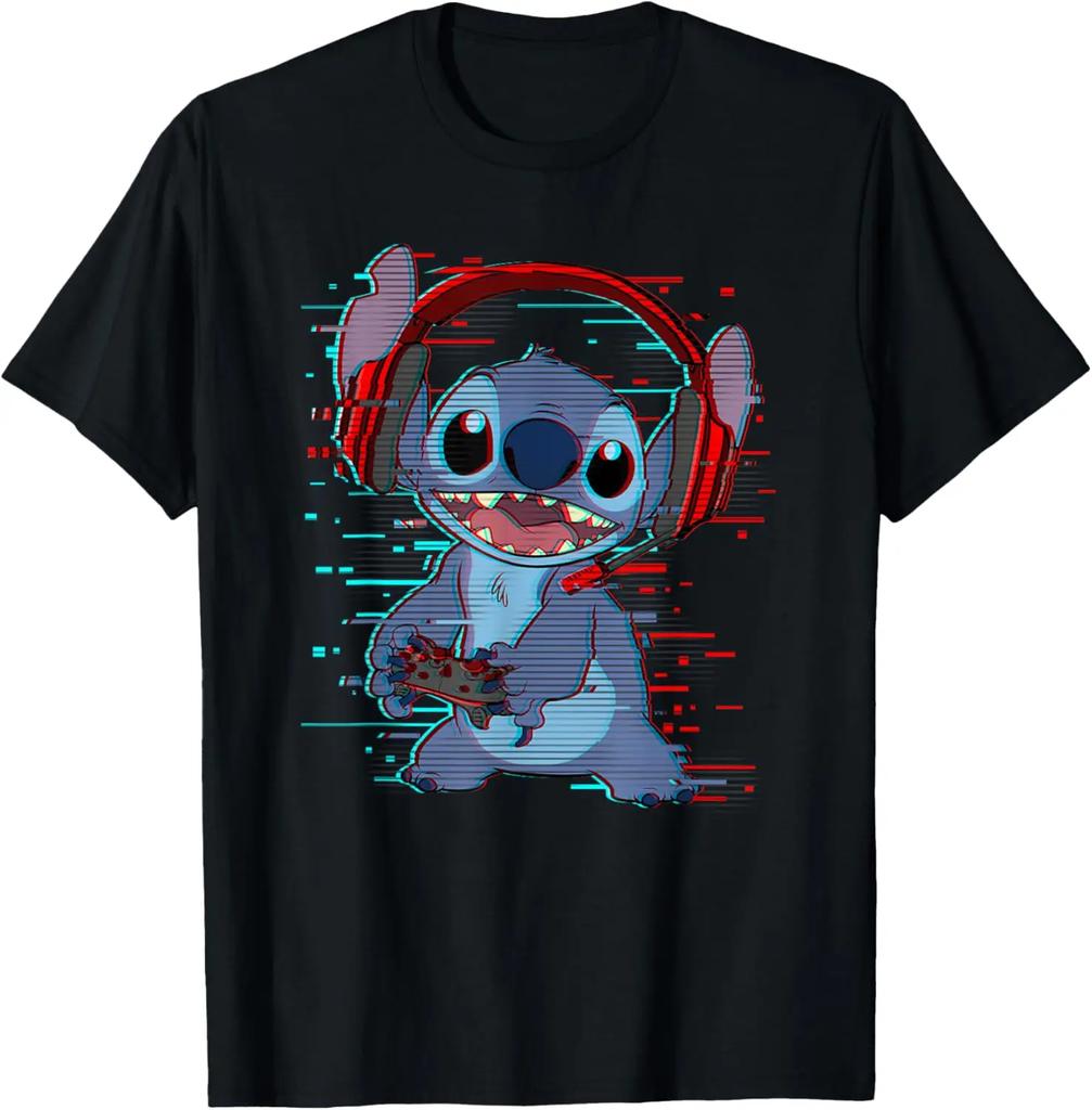 New Lilo & Stitch Gamer Glitch Headset and Controller Fashion Casual T-Shirt S-4XL Four Seasons Unisex