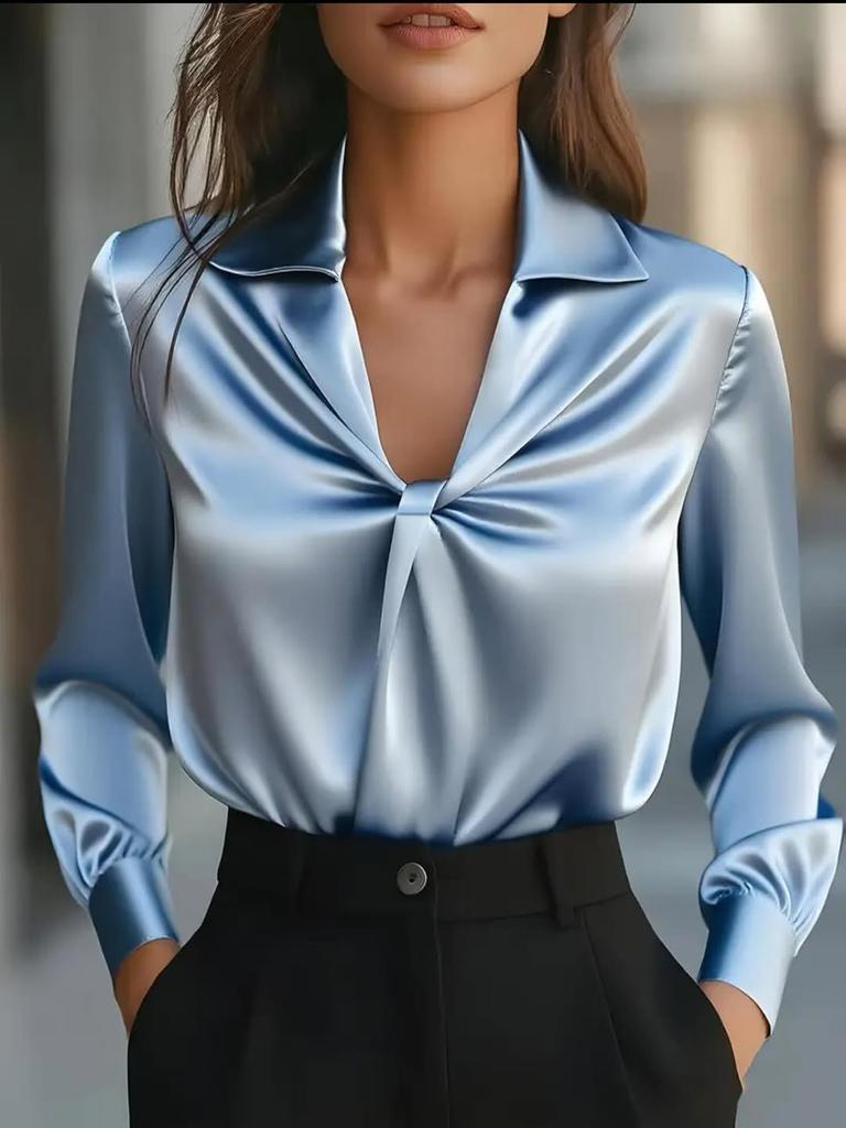 Spring Autumn Fashion Temperament Solid Colour Satin Pleated Long-sleeved Shirt for Women