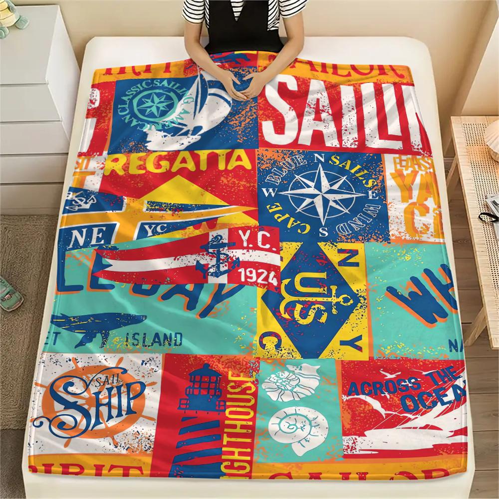 1Pc Nautical Print Flannel Blanket, High quality Comfortable for All Seasons, Home Decor, Warmth and Comfort, Perfect for Christmas Gifts