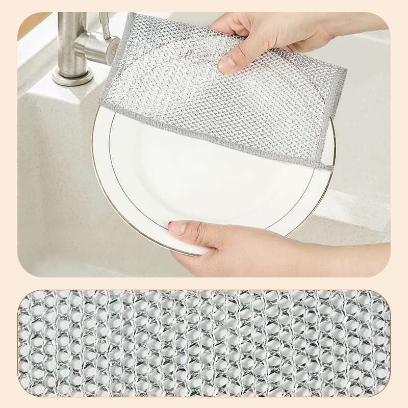 10pcs Wire Dishwashing Rag, Non Scratch Wire Dishcloth, Multipurpose Wire Dishwashing Rags for Wet and Dry, Sliver Grey