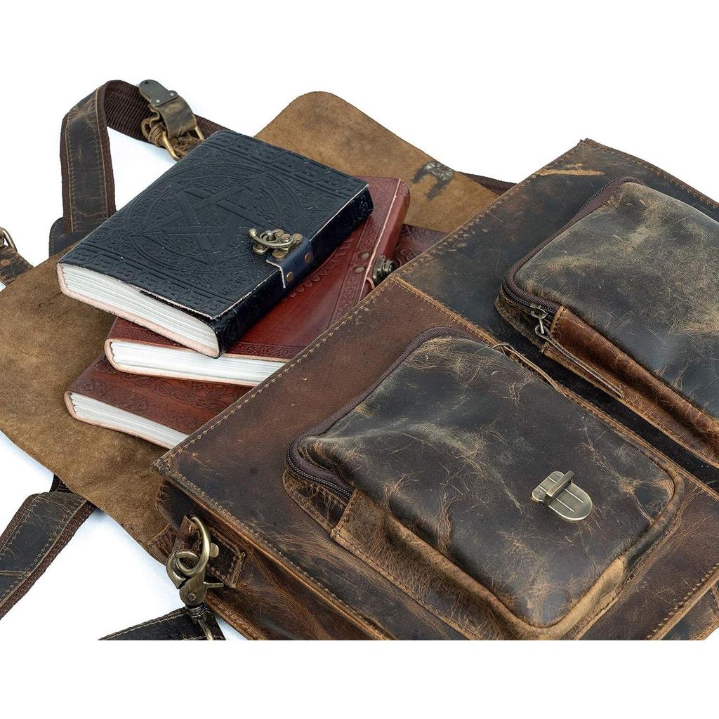 16" Inch Rustic Vintage Retro Buffalo Leather Laptop Messenger Briefcase Satchel Office Bag Men & Women (Distressed Tan)