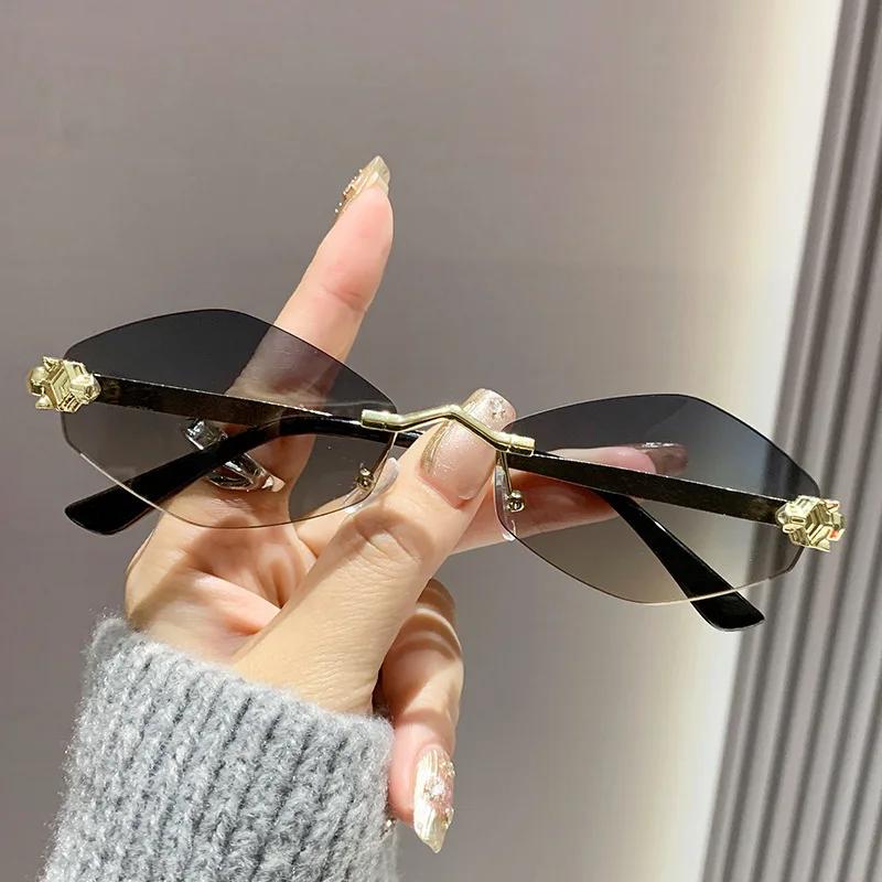 Fashion Small Polygonal Sunglasses For Women Luxury Brand Rimless Brown Rhombus Sun Glasses Woman Vintage Metal Shades Eyewear