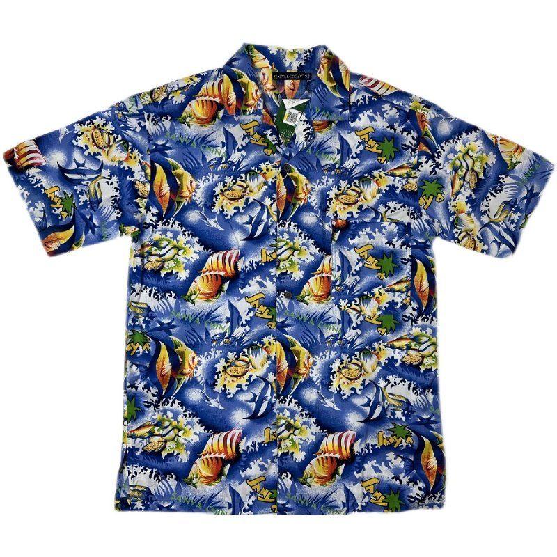 Men's Summer Pure Cotton Fish Print Short-Sleeved Shirt American Casual Plus Size Pointed Collar Couple Seaside Hong Kong Style Niche Style Shirt