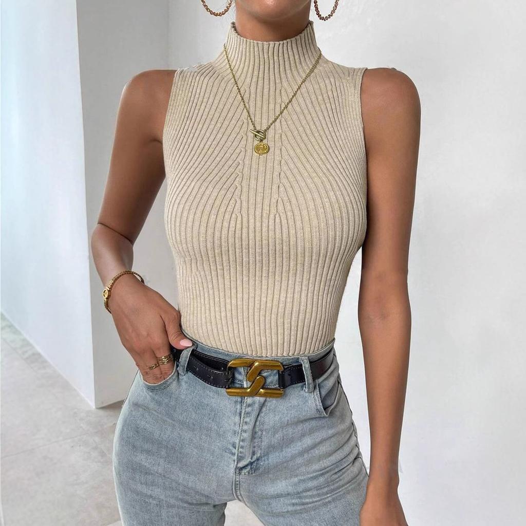 Best-selling Women's Half-high Collar Pitted Stripe Top Tank Top