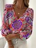 Women's V-neck Blouse with Puff Long Sleeve Paisley Floral Print, Holiday Stylish Top