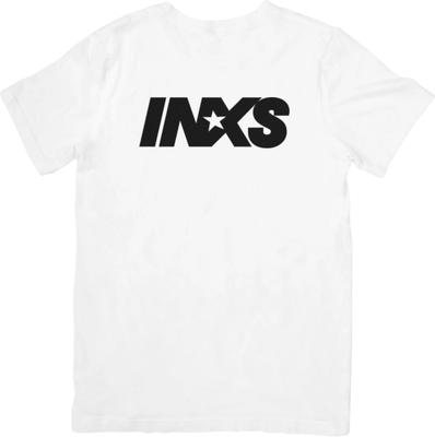 Maglietta di cotone di qualità unisex INXS Music per uomo e donna bianca.