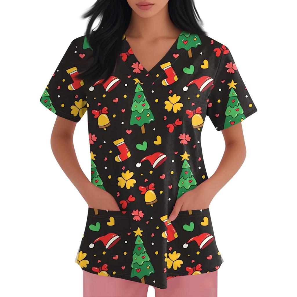 Clinical Uniform Women Gingerbread Santa Claus Print Christmas V-Neck Scrubs Women Fashion Short Sleeve Surgical Uniforms Top's