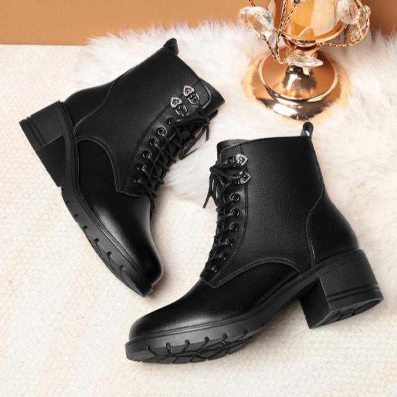 Women's Autumn and Winter Short Boots, Chunky Heel Boots, Fleece-lined Leather Shoes, Warm Cotton Shoes