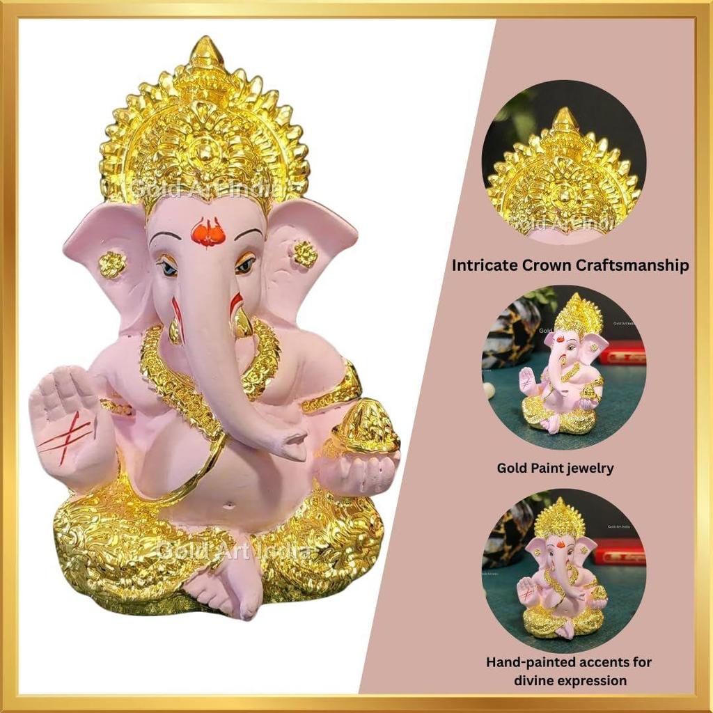Gold Plated Ganesha with Terracotta Colour - Perfect for Car Dashboards, Office & Home Shelves, Diwali Puja, and Gifting