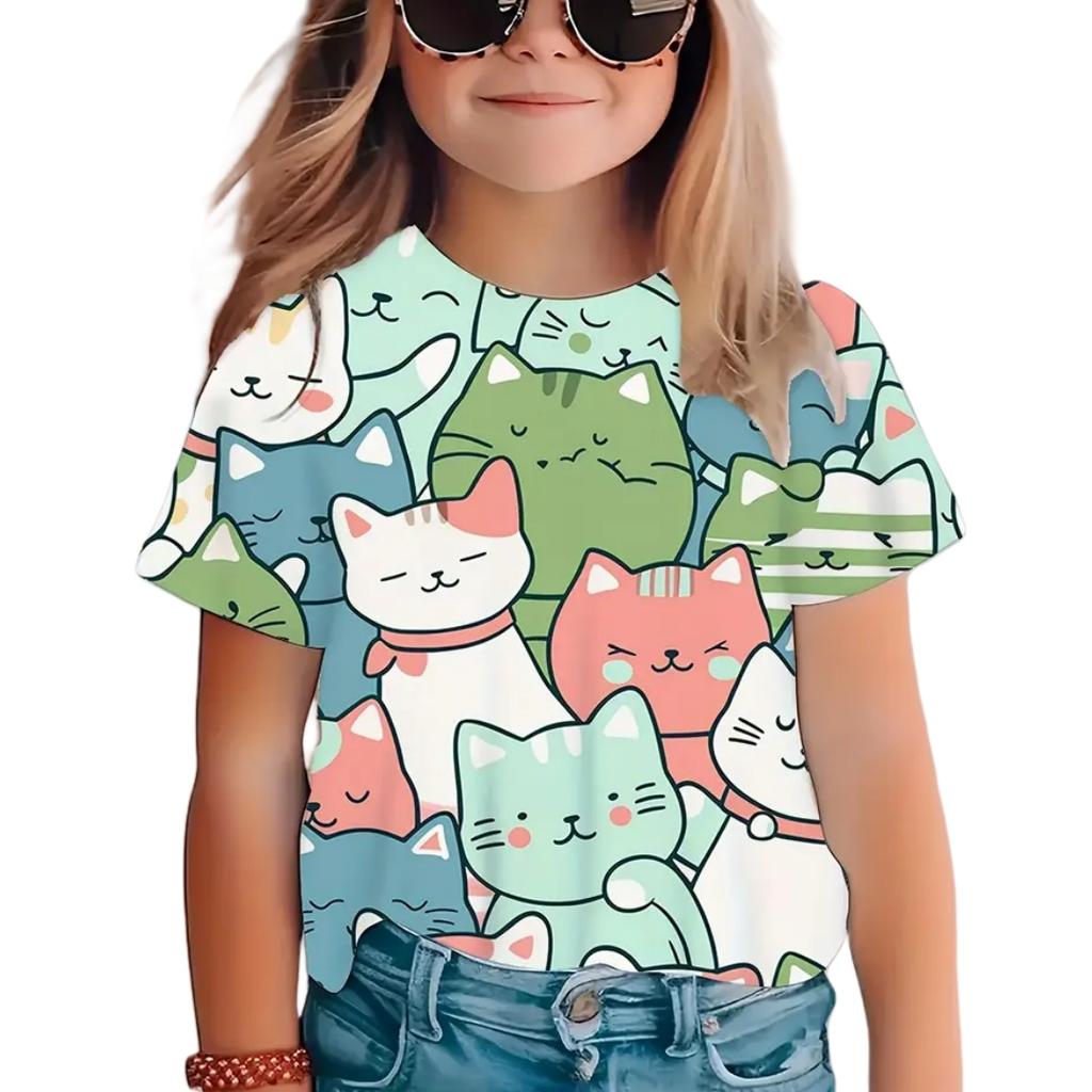 Kawaii Cat T-Shirts for Children Tops Girl Short Sleeve T-Shirt Summer Girl Clothes Crew Neck Clothing Outdoor T-Shirt for a Boy