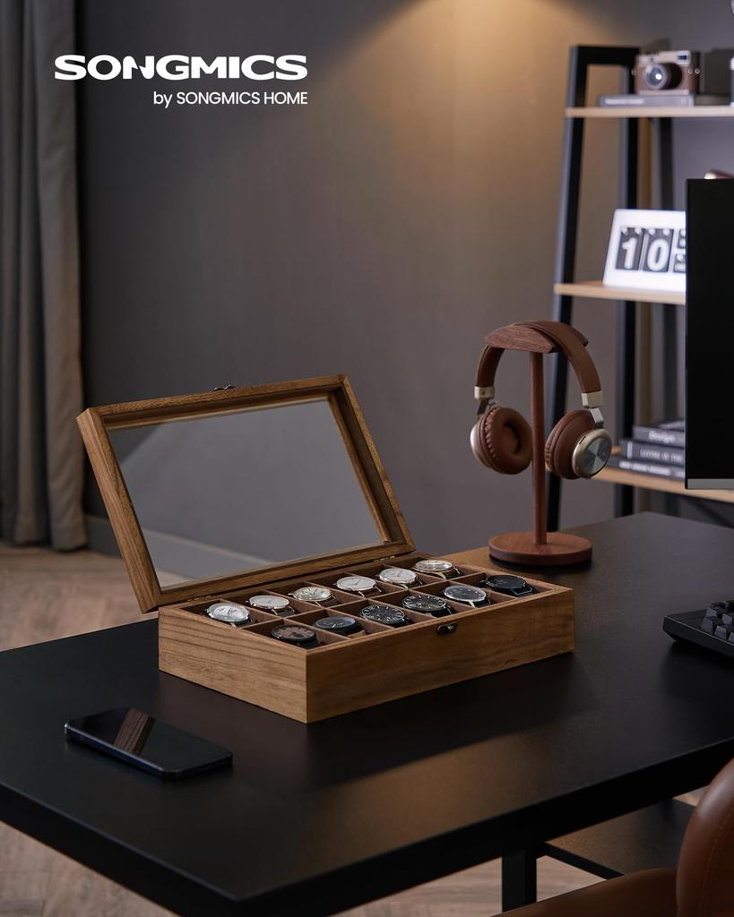 SONGMICS Watch 12 Kolekcja zegarków z drewna z przezroczystym akcesorium do zegarka Prezent na urodziny i dzień JOW120K01 Etui, części, przechowywanie, etui,