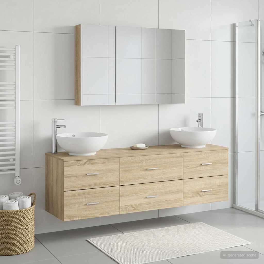 Bathroom Furniture Set 4 pcs Sonoma Oak Engineered Wood and Glass