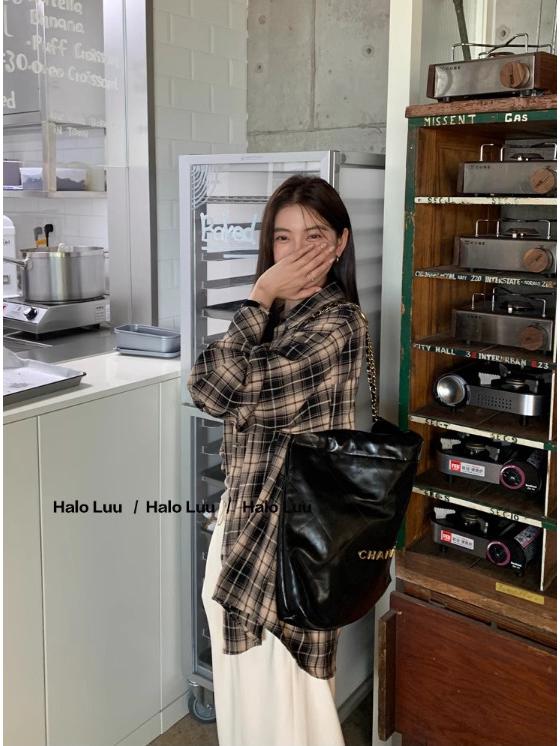 

Женская ретро клетчатая куртка-рубашка: Ранняя осень 2025, Свободный топ с длинным рукавом 2XL