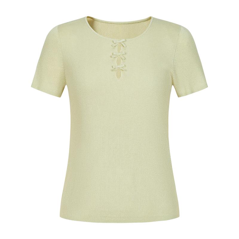 JOUSANNE Soft Glow Bow-Knot Knit Short Sleeve Top