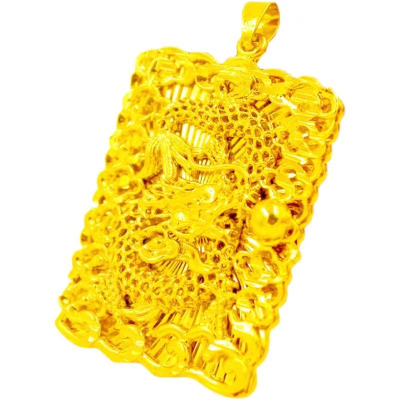 Chinese Style 3D Hard Gold Dragon Pendant with Auspicious Clouds - Zodiac Dragon Dog Tag in Copper Gold Plating