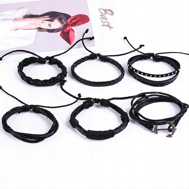 Men's Leather Bracelet, Pu Leather Set, Set Of 6 Pieces, Anchor, Vintage