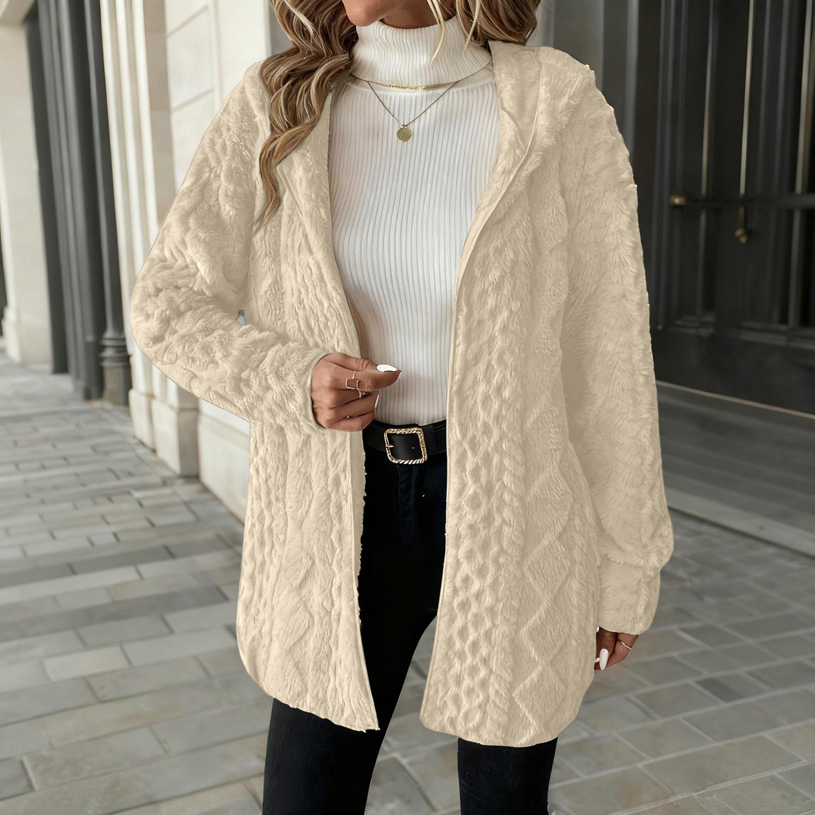 

Женский модный однотонный кардиган с длинными рукавами, свободного кроя, с капюшоном, плюшевая куртка L бежевый