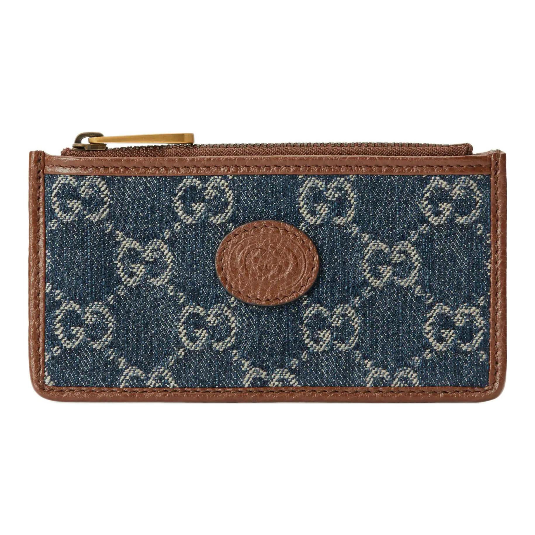 

Gucci Logo GG Monogram Denim And Leather Zip Card Holder Women Card Holders Blue Brown 697717-2KQGT-8375 Basic Set (Bag+Dust Bag)