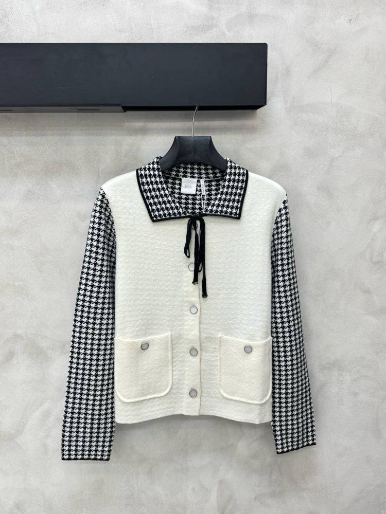 Houndstooth Knit Lapel Cardigan with Tie and Double Pockets