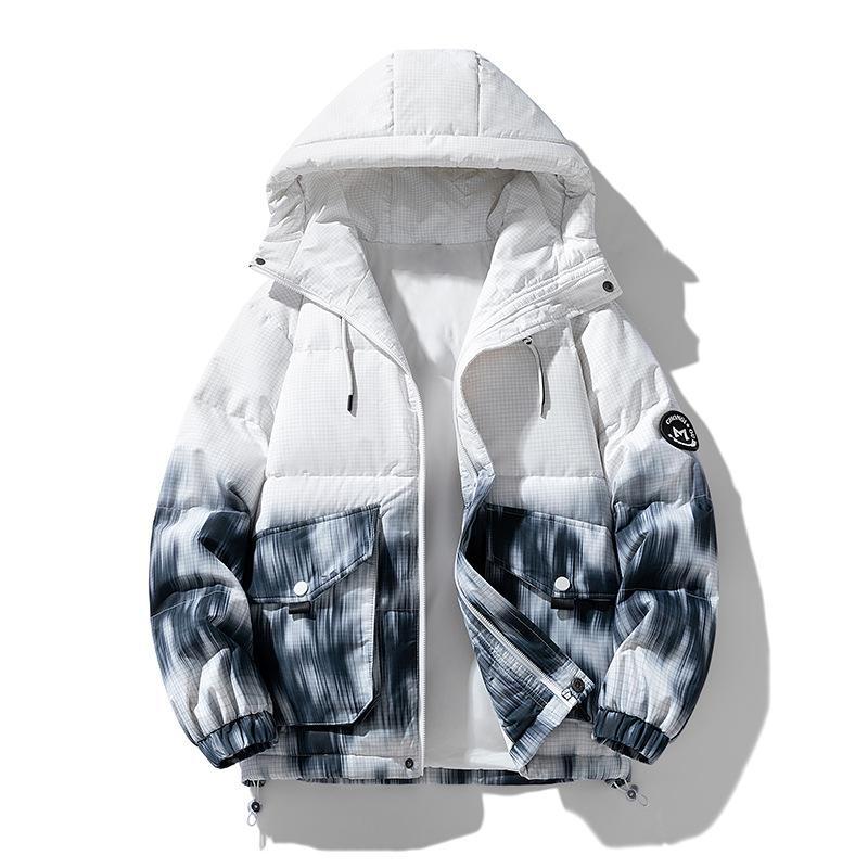 2025 Winter New White Duck Down Jacket Gradually Change Contrasting Colors Couple Ruffian Handsome Hooded Warm Cold Resistance Thickened Outside