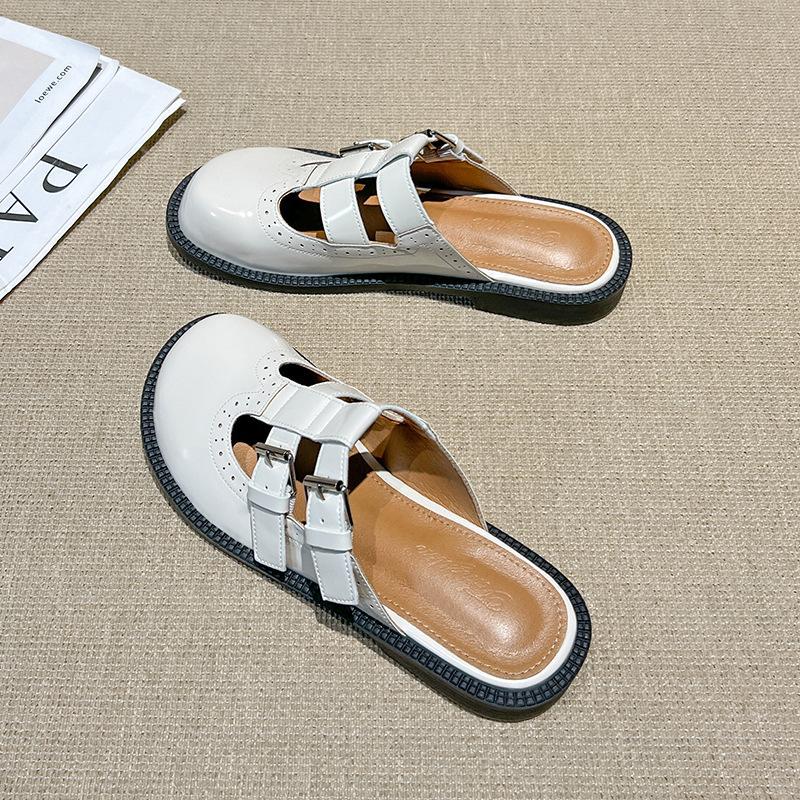 Grape mother has the same style in the summer of 2025, the new round head double buckle lazy person wears a pedal bag head Muller half slippers women