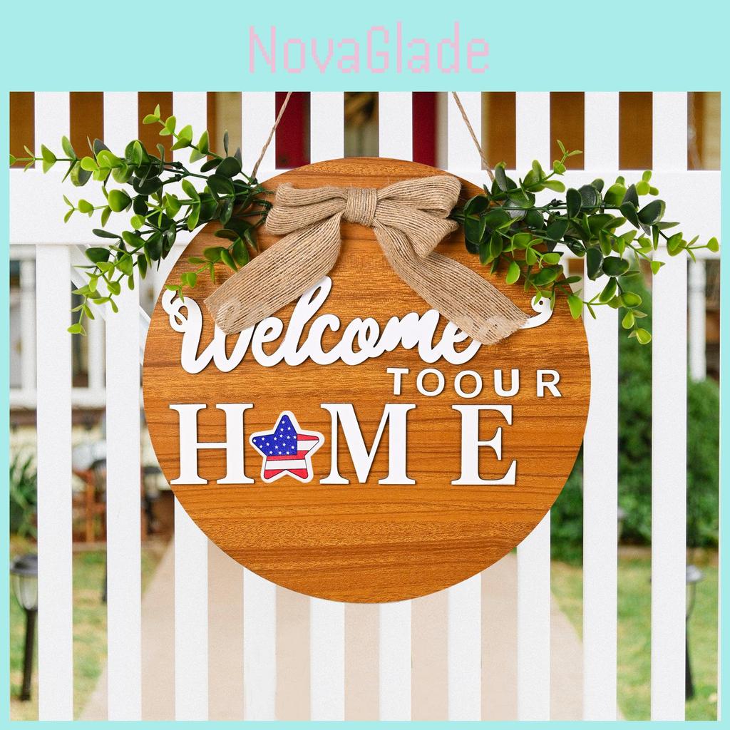 Stylish Wooden Door Sign With Green Leaves And Butterfly Bow For Summer Decor