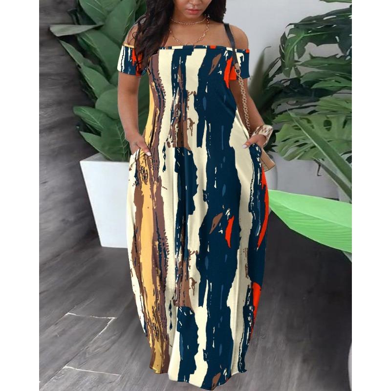 

Летняя мода повседневный сексуальный принт платье с открытыми плечами XXXL