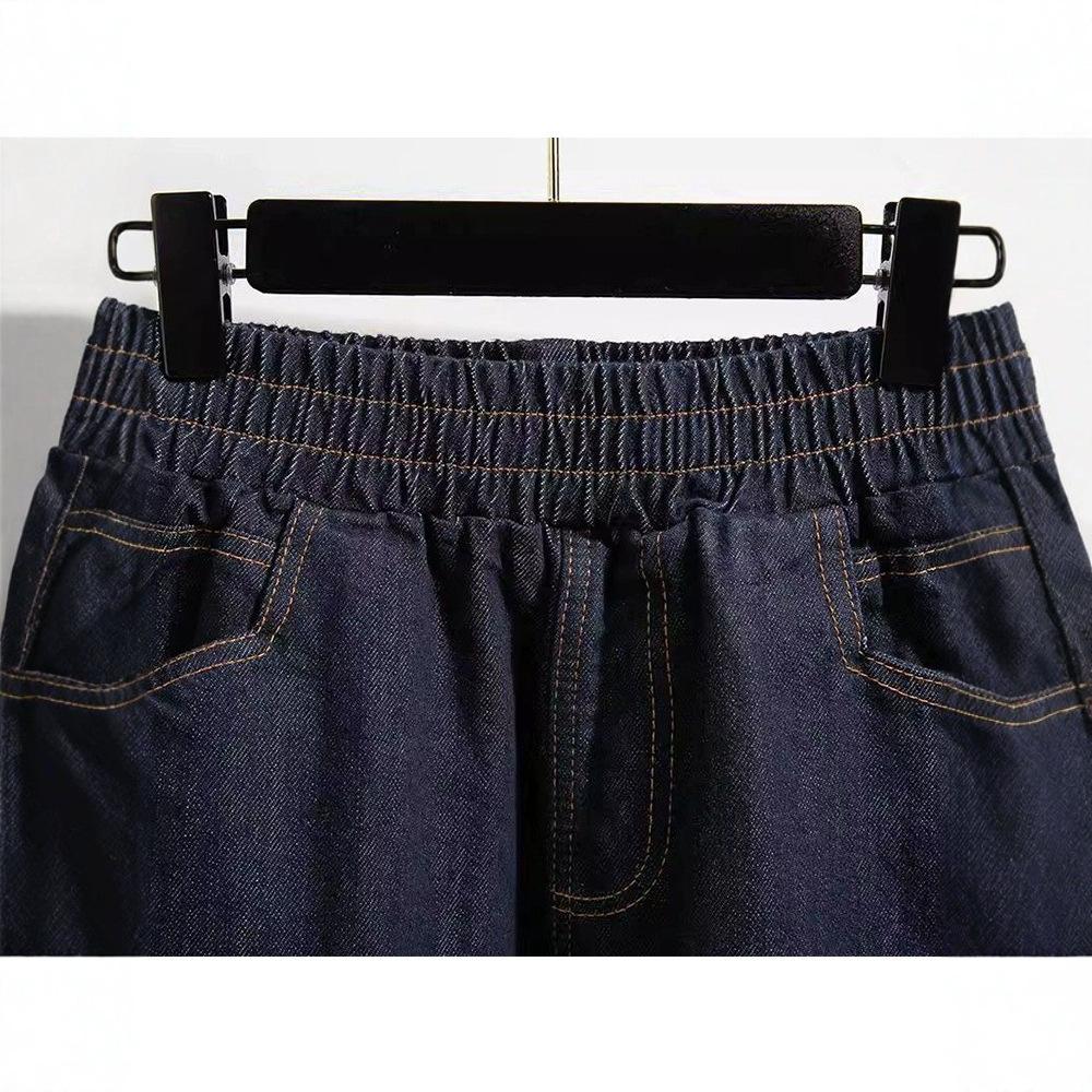 Retro Dark Blue Straight Leg Cropped Pants Jeans for Women Spring Elastic Waisted Wide Leg Pants