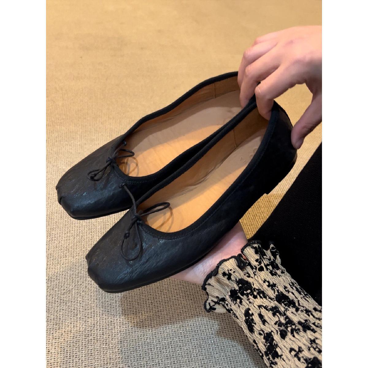 

Washed cowhide~ Genuine leather ballet shoes for women to wear bows, temperament, shallow mouth flat-soled single shoes, retro grandma shoes 34